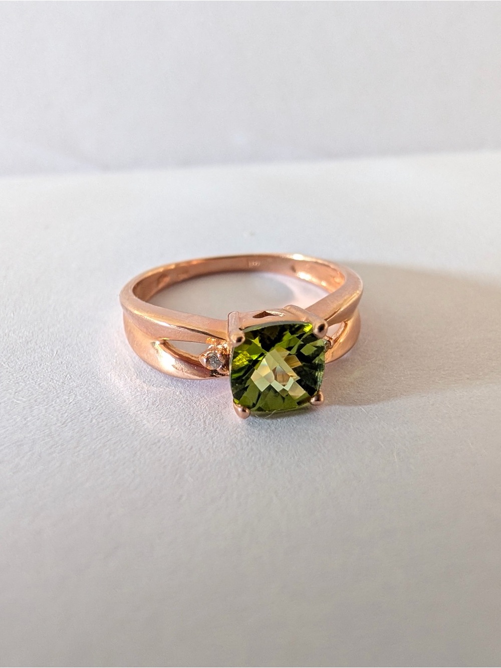 Brand New 14K Rose Gold Peridot & Diamond Ring – Cushion Cut